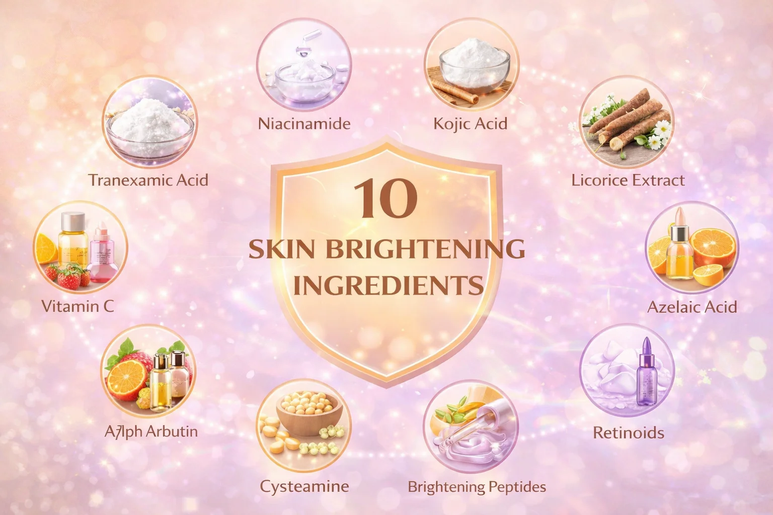 Infographic listing 10 skin brightening ingredients: niacinamide, kojic acid, licorice extract, azelaic acid, retinoids, peptides, cysteamine, alpha arbutin, vitamin C, and tranexamic acid.